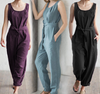 Sleeveless vest elegant high waist belt cotton casual jumpsuit trousers