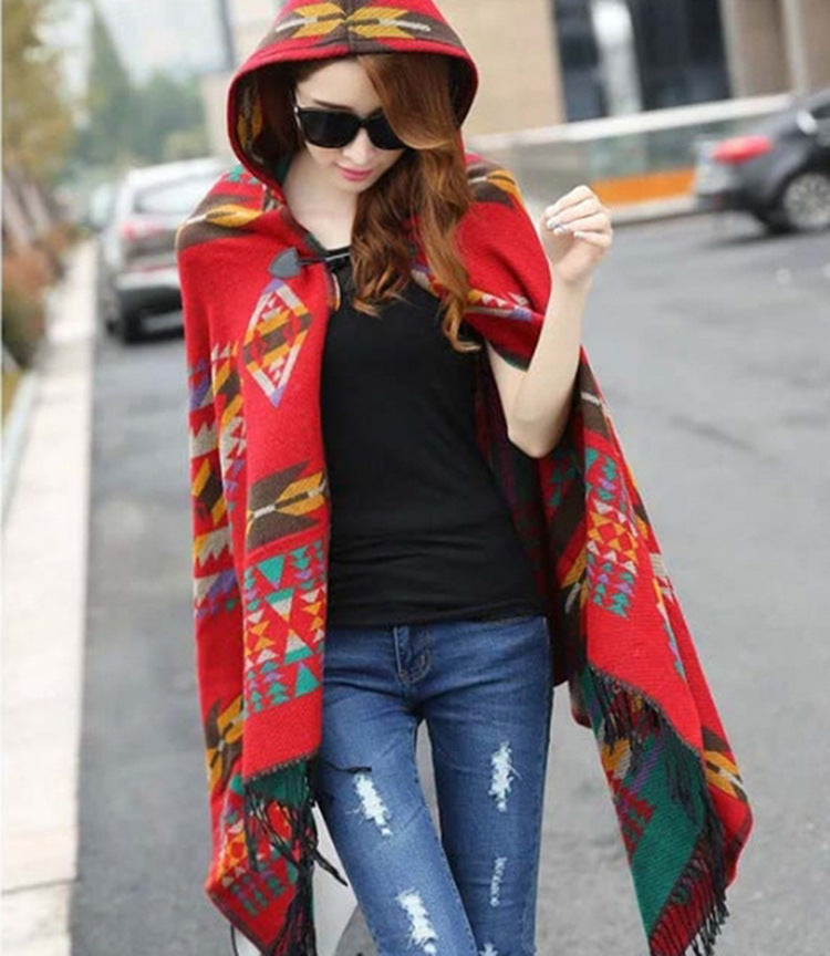 Europe and the United States autumn and winter new retro national wind hooded cape shawl bohemian tourism horn buckle shawl