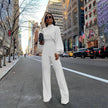 Wide Leg Pants Solid Color High Neck Halter Long Sleeve Casual Jumpsuit