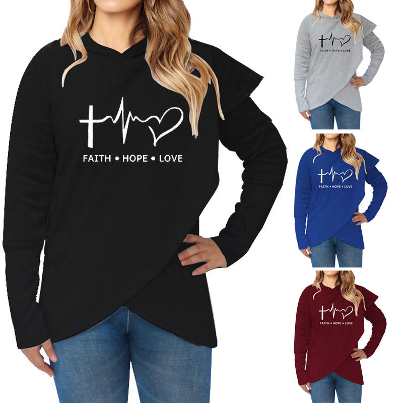 Women Hoodies Sweatshirts Casual Plus Size Faith Printed Hooded Sweatshirt