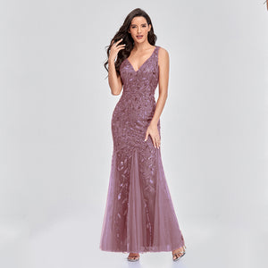 Long Dress Sleeveless V-neck Embroidered Sequin Slim Mermaid Dress