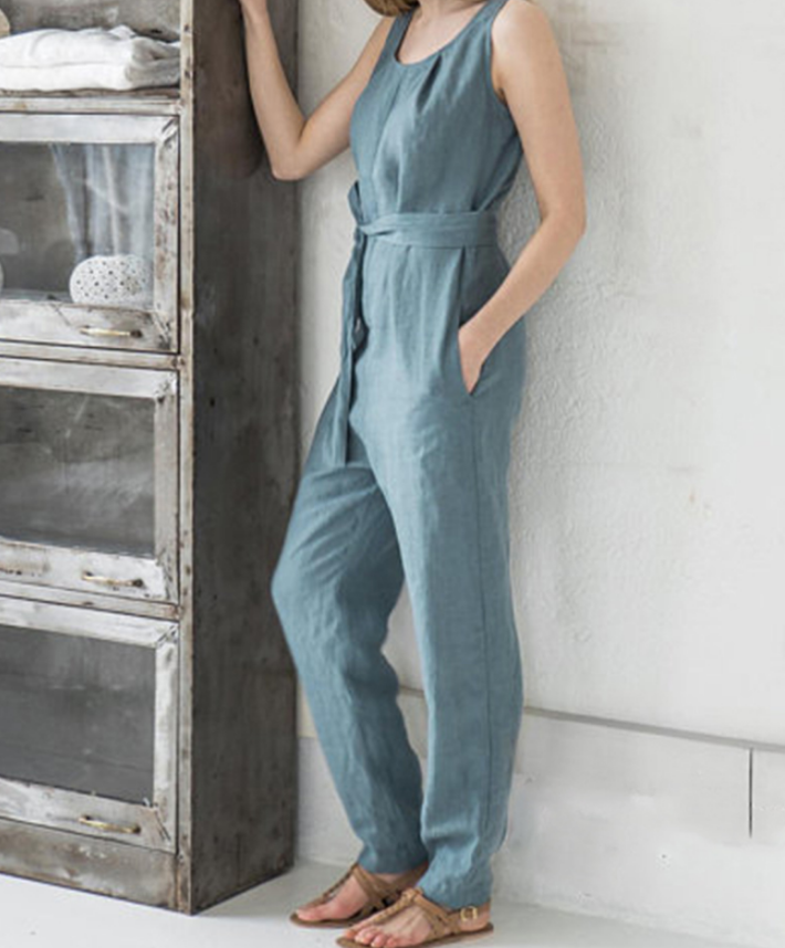 Sleeveless vest elegant high waist belt cotton casual jumpsuit trousers