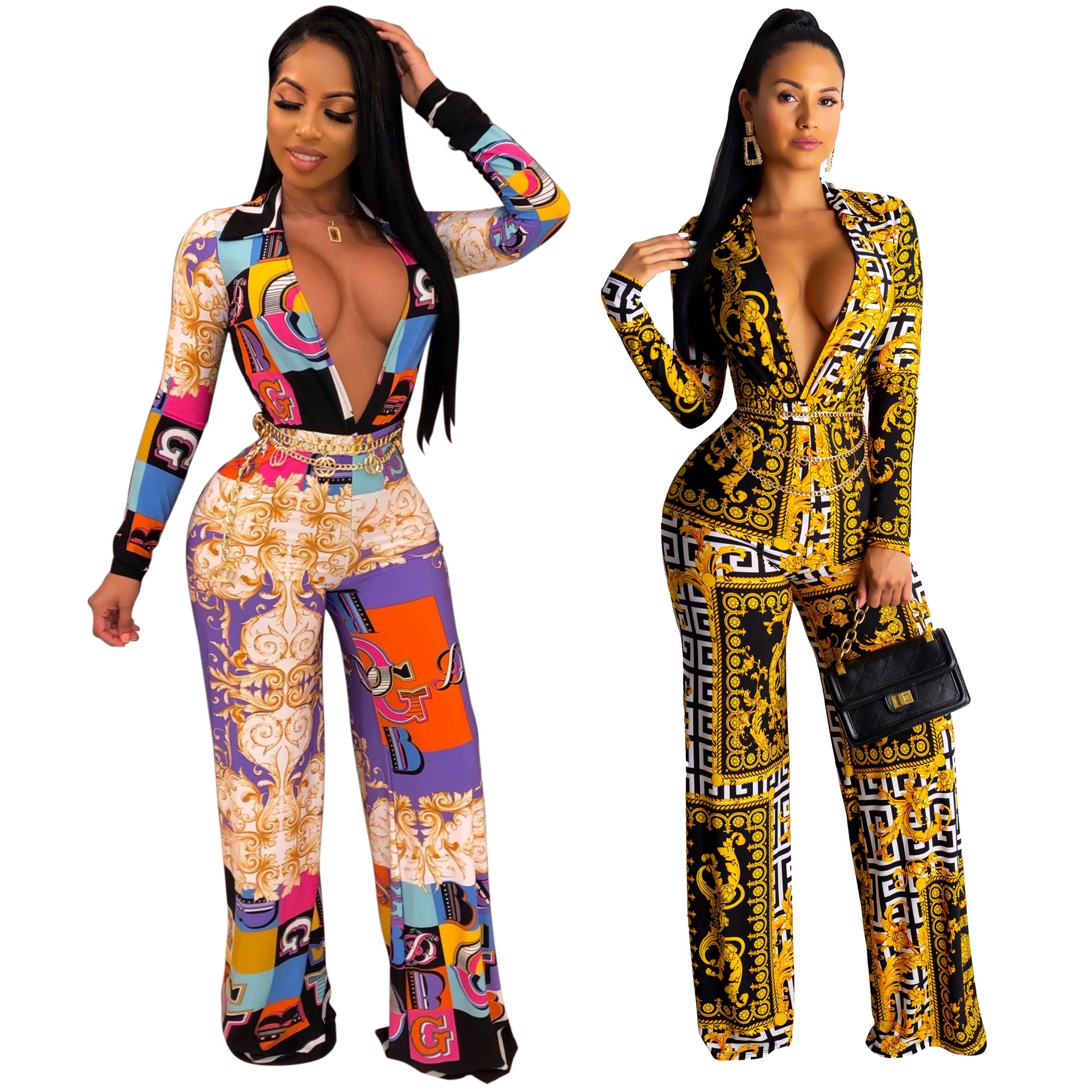 Fashion Digital Printing Long-sleeved V-neck Jumpsuit