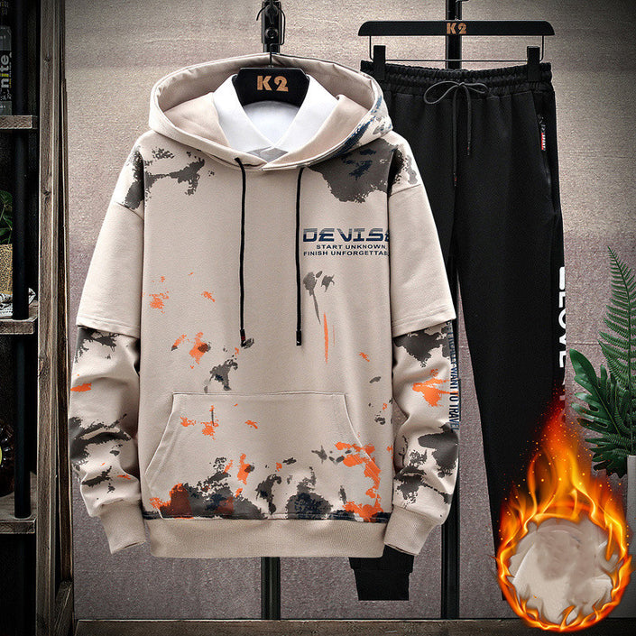 Printed Kangaroo Pocket Casual Sports Hooded Sweater Suit Men