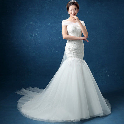 one word, shoulder lace, fishtail Tail Han bride married   new wedding dress D95