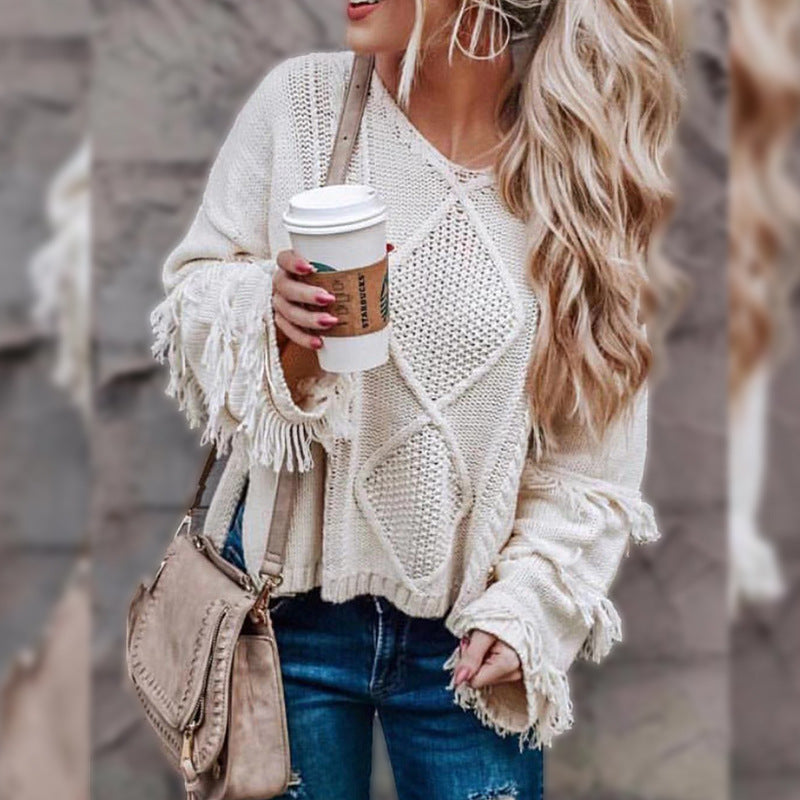 new sweater round neck long-sleeved tassel solid color sweater shirt women