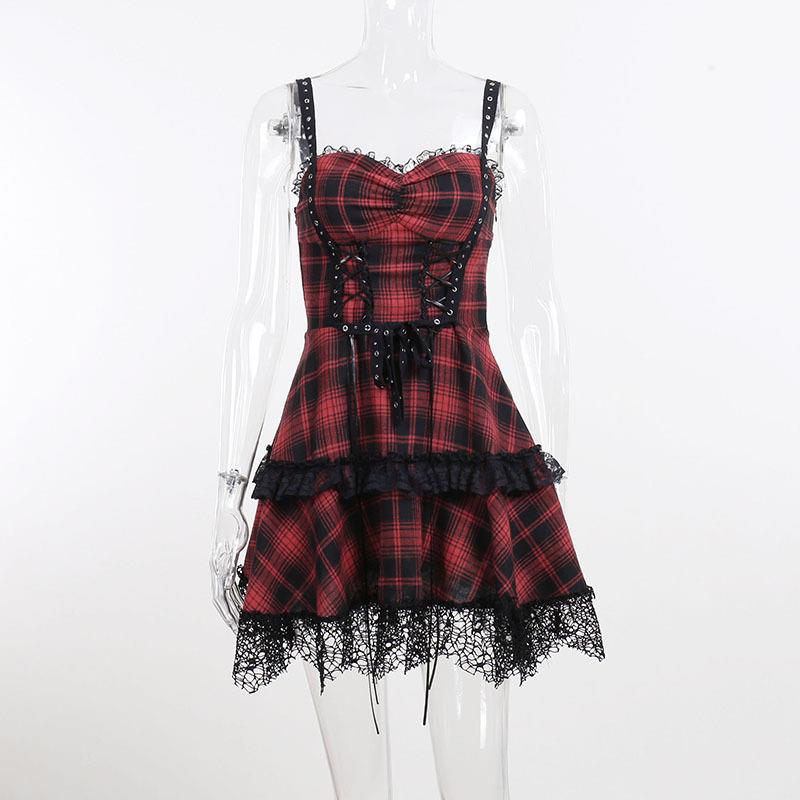 Gothic Plaid Trendy Lace-up Waist Deep V Strap Dress For Women