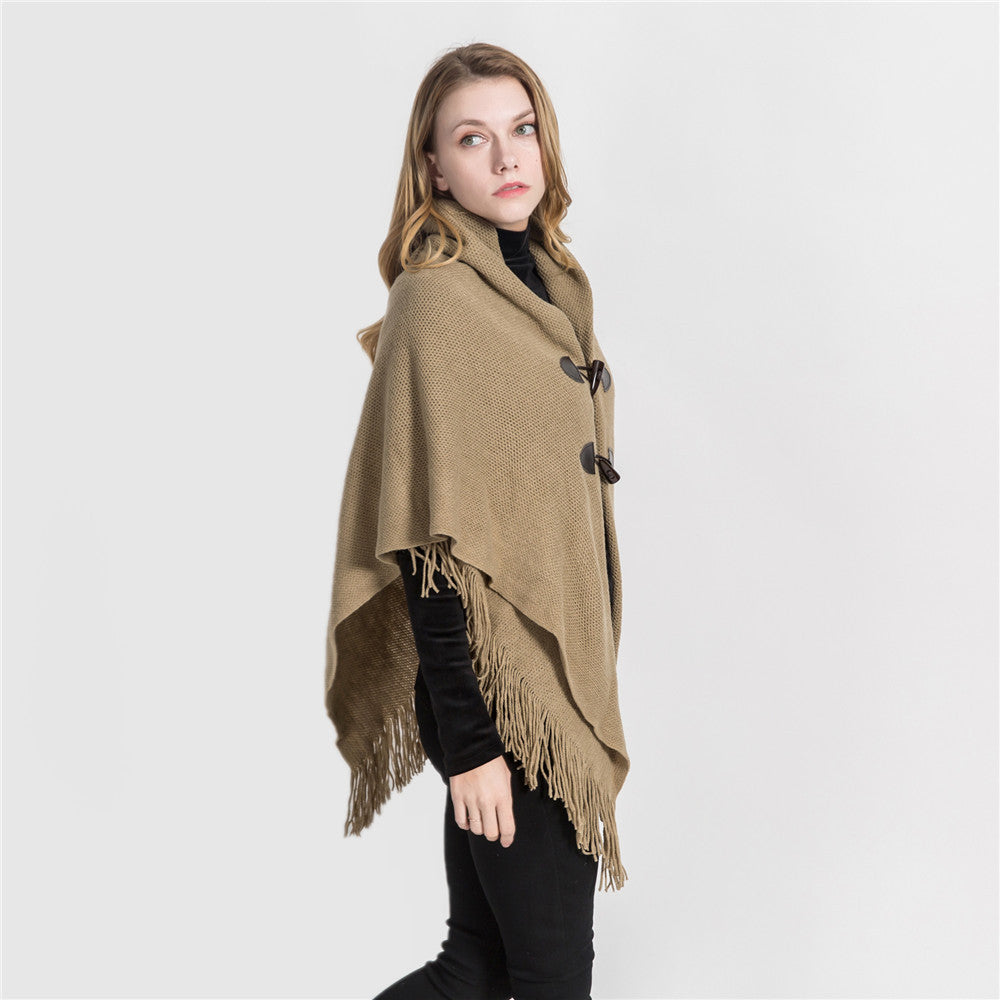 Winter Loose Kimono Cardigan Women Long Sleeveless Hat Poncho Solid Color Magic Shawl Knitted Sweater