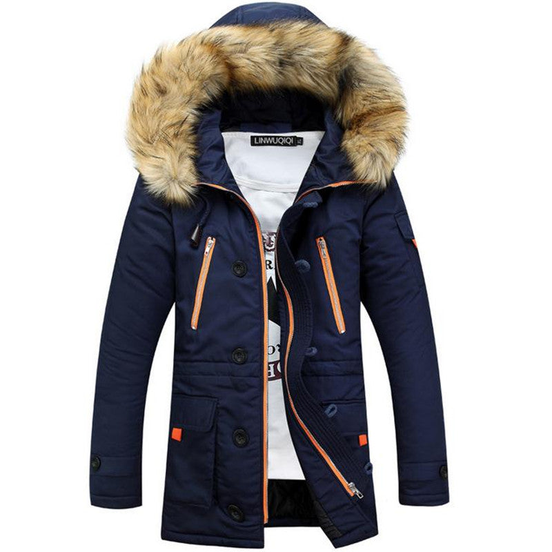 new men's cotton winter fur collar fashion cotton clothing warm jacket cotton jacket long solid color men's clothing