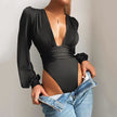 Women's   long-sleeved deep V waist pleated temperament bodysuit