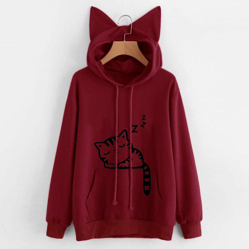 Women's loose printed hooded sweater