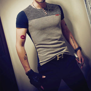 Men's patchwork short sleeve men's casual crew neck T-shirt polo