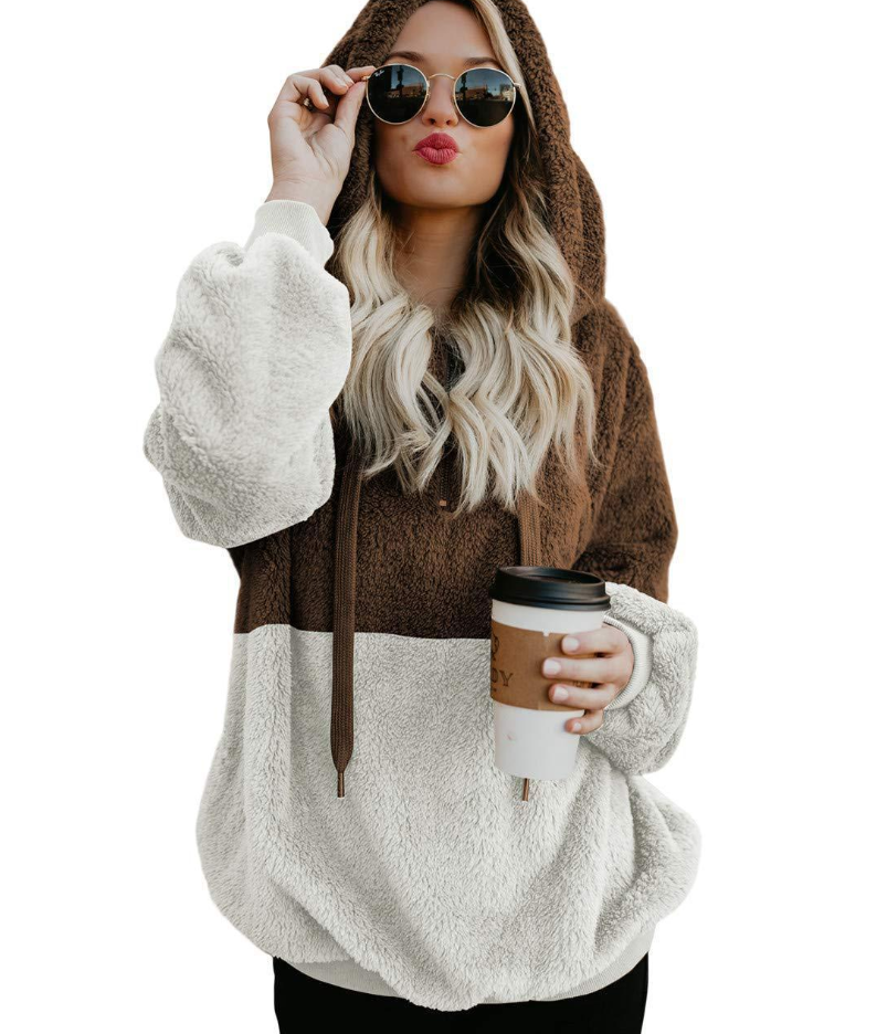 Alpscommerce Women Casual Plush Hoodies Zipper Lady Hooded Warm Loose Tops