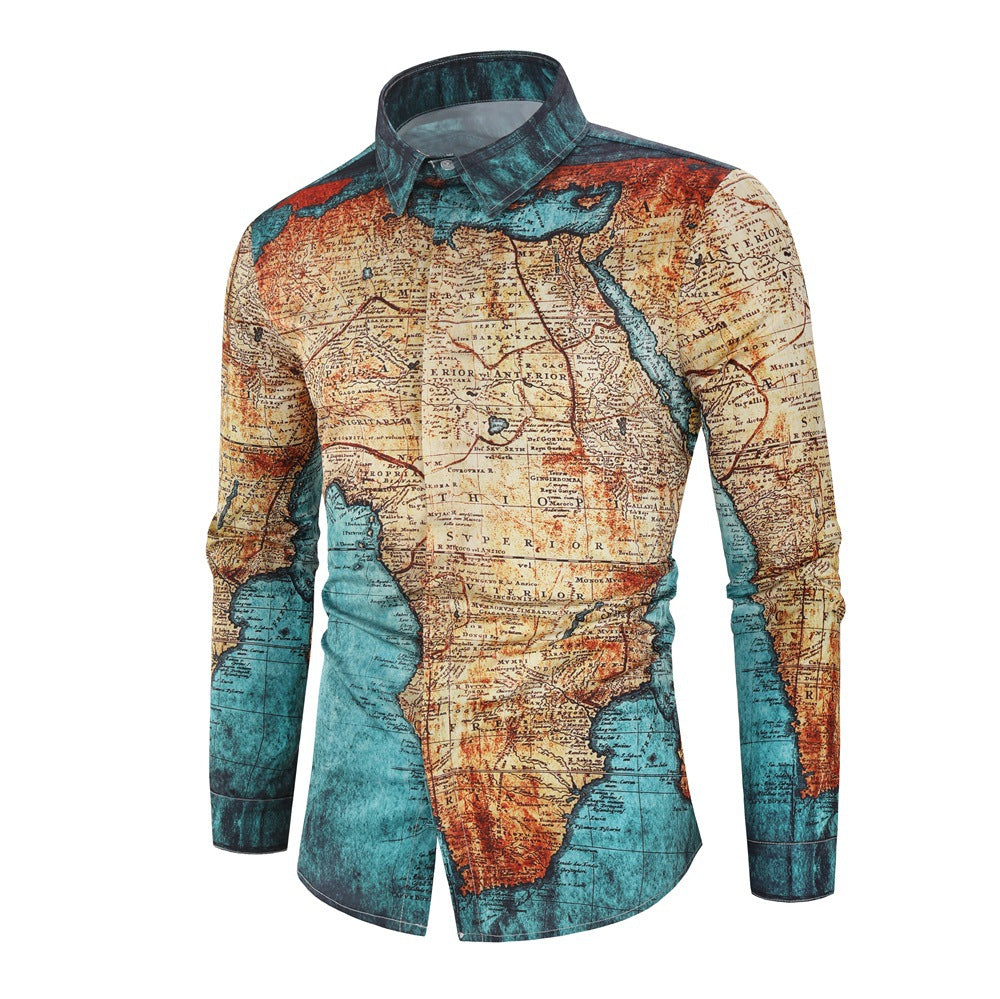 Map Digital Printing Men's Fashion Casual Long-sleeved Shirt