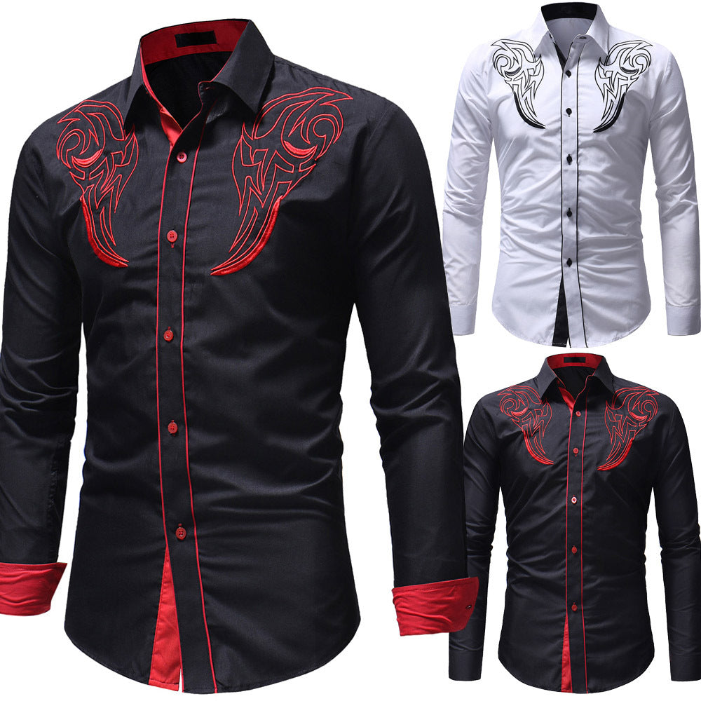 Casual Embroidery Printed Long Lapel Men Shirt