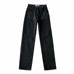 Double-knee Holes Rolled Edge Mopping Jeans