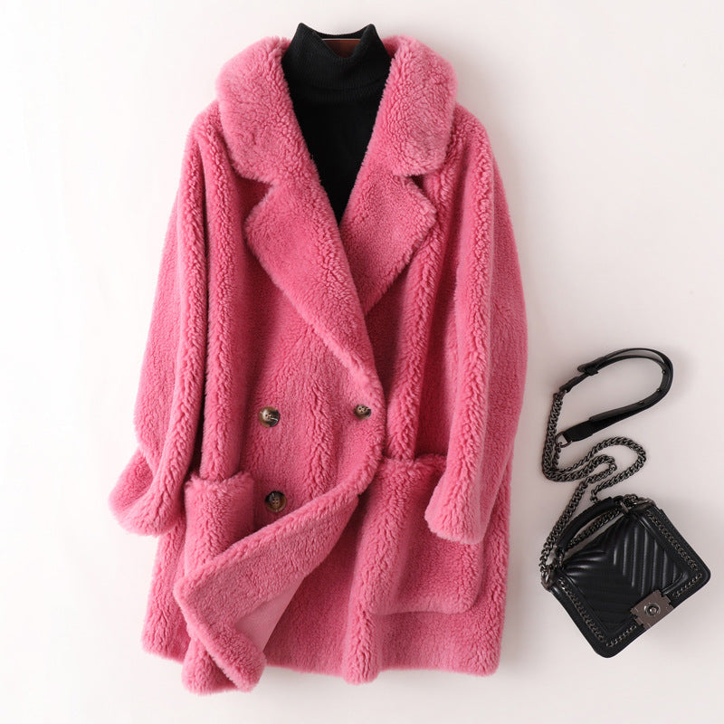 Women's Mid-length Loose Wool Sheep Shearing Coat