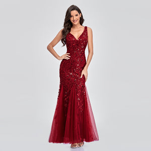 Long Dress Sleeveless V-neck Embroidered Sequin Slim Mermaid Dress