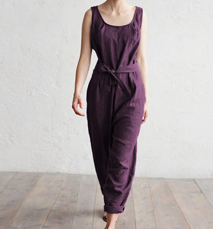 Sleeveless vest elegant high waist belt cotton casual jumpsuit trousers