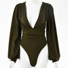 Women's   long-sleeved deep V waist pleated temperament bodysuit