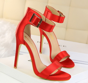 Satin  stiletto platform high heels with buckled sandals