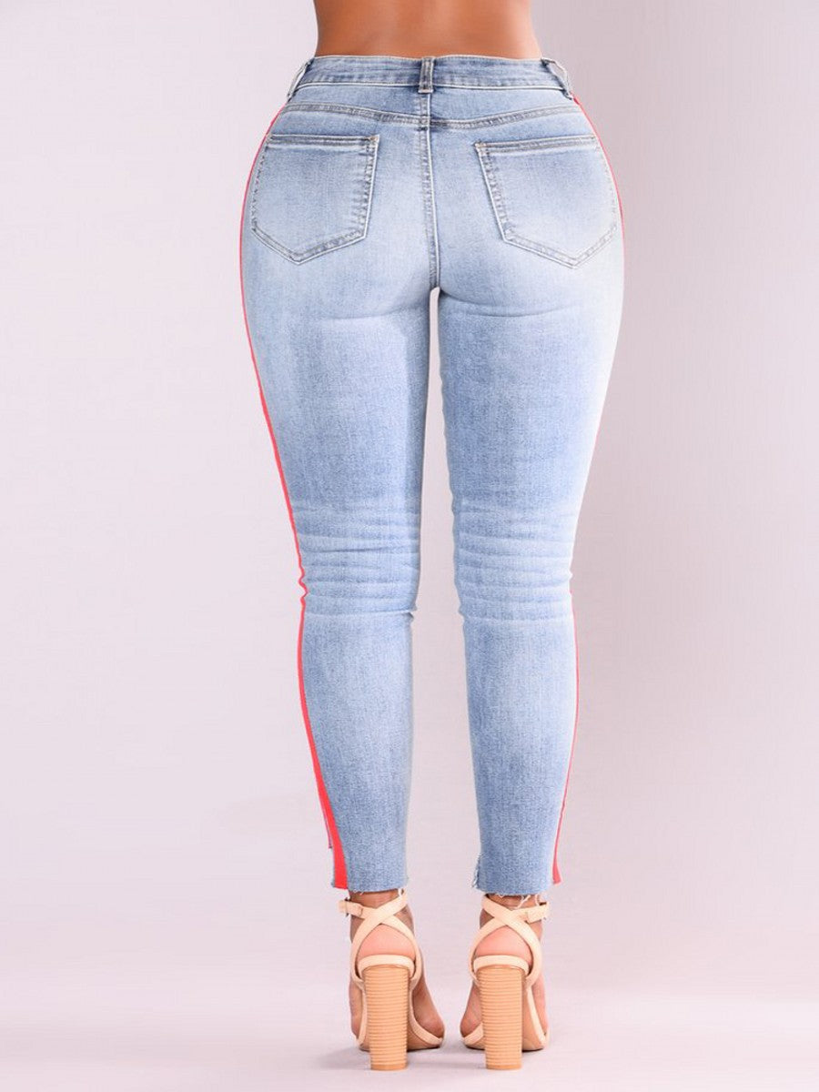 Denim stretch hole fashion ribbon denim high waist pants