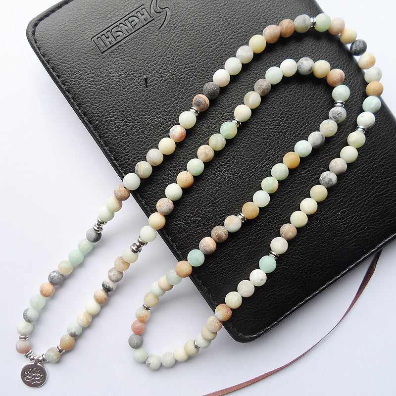 108 pcs Matte Amazonite tasbih prayer beads Mala Bracelet ancient silver Lotus pendant Buddha beads religion Yoga Bracelet