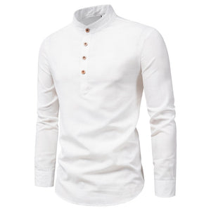 Cotton And Linen Long-Sleeved Shirt Solid Color Stand Collar Shirt