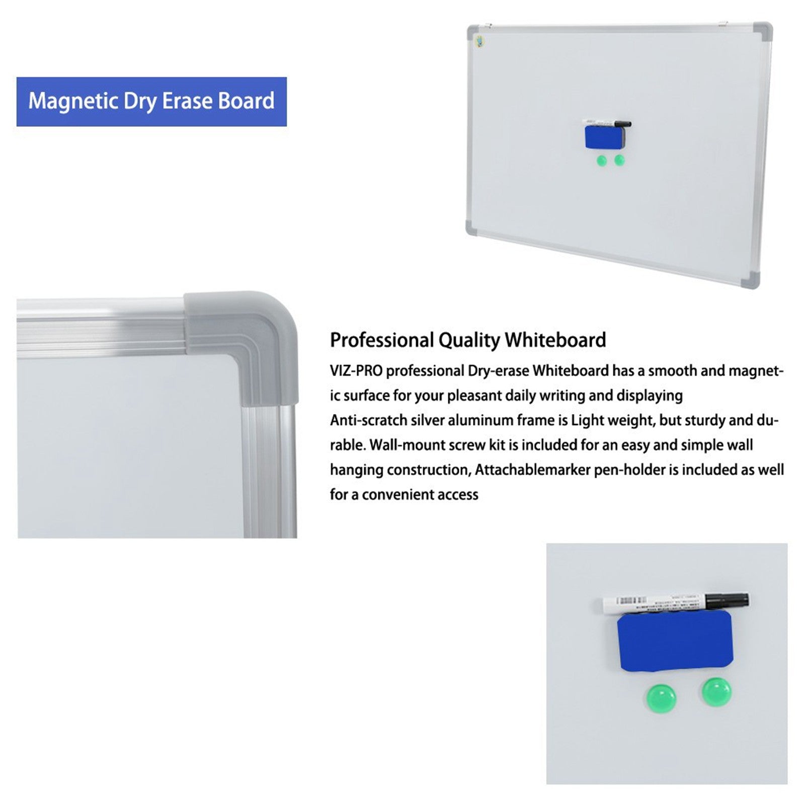 Magnetic D ry Erase Board / Whiteboard, Silver Aluminium Frame, 36 X 24 Inches