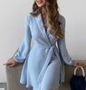 Fashion Sky Blue Long-sleeved Lapel Waist Tie Dress