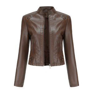 Studded Leather Women Short Jacket Long Sleeves