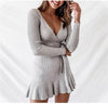 V Neck Knitted Dresses Women Long Sleeve