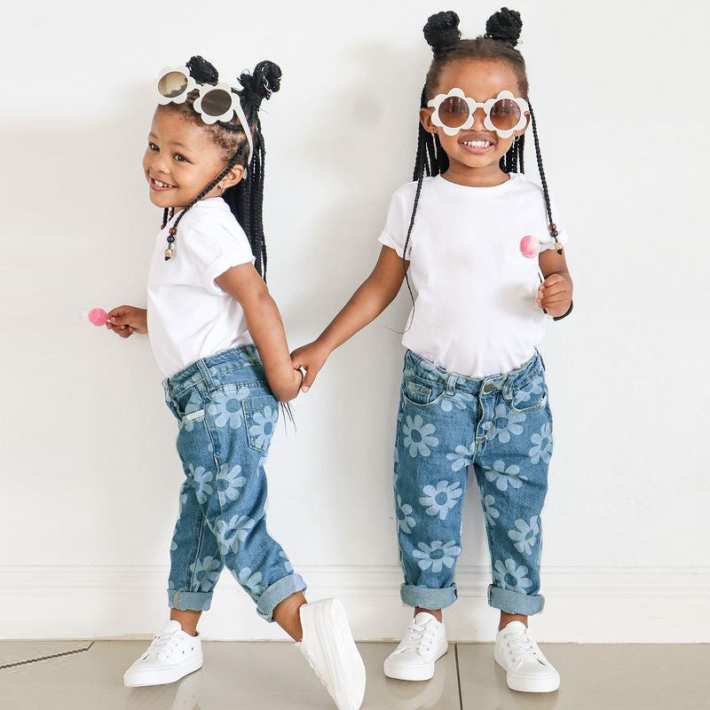 Girls Jeans Kids Fashion Print Denim Long