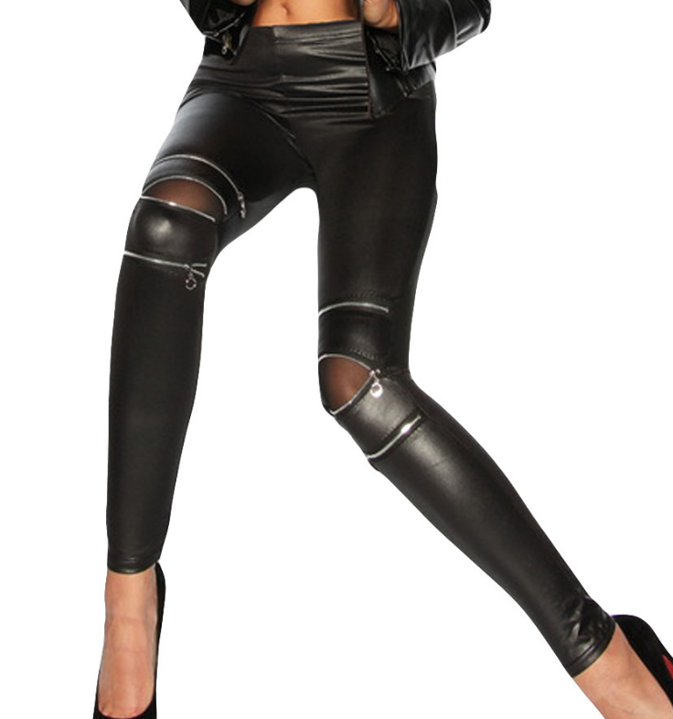 Hollow Out Women Fashion High Zippers Leggings Active Leather Pants