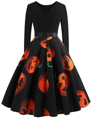 Halloween Round Neck Retro Print Long-Sleeved Big Swing Dress