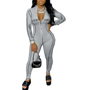 alphabet print sexy zipper jumpsuit