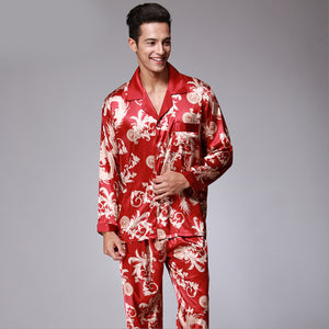 Men's Long Sleeve Pants Pajamas Set silk