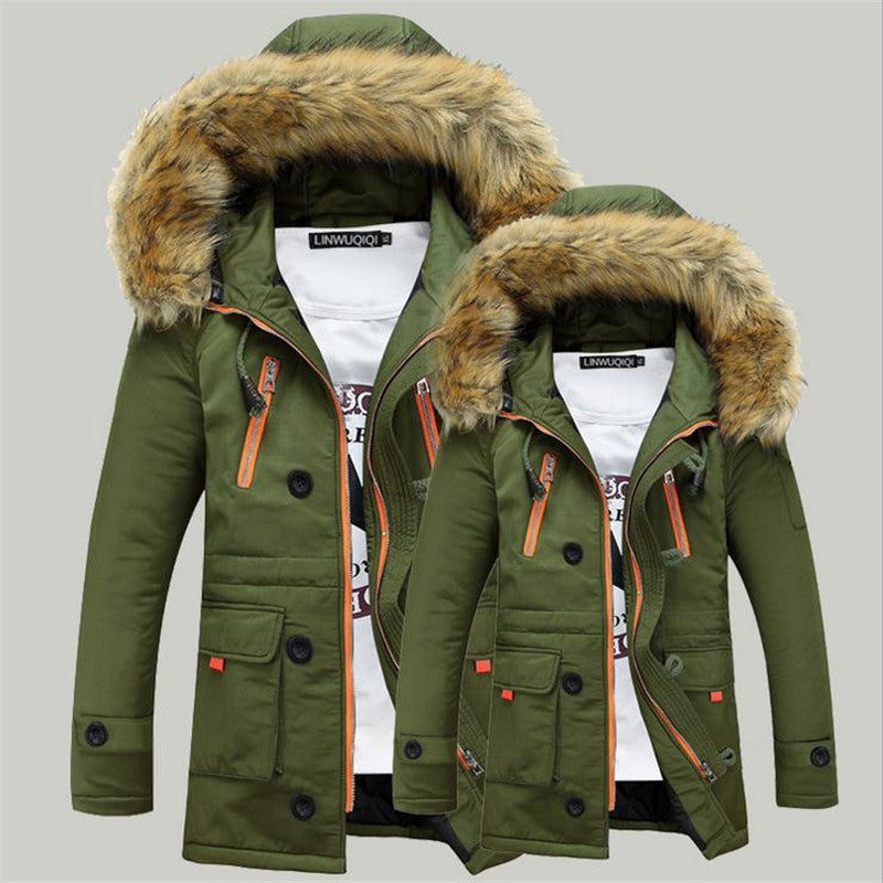 new men's cotton winter fur collar fashion cotton clothing warm jacket cotton jacket long solid color men's clothing