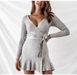 V Neck Knitted Dresses Women Long Sleeve