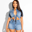 Women's Clothing Fashion Casual Denim Shorts Short Top Two-piece Set