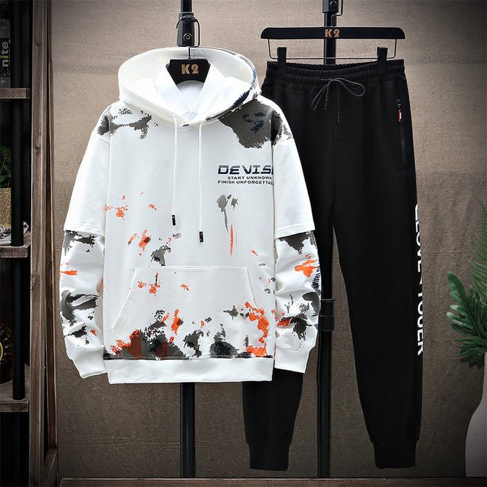 Printed Kangaroo Pocket Casual Sports Hooded Sweater Suit Men