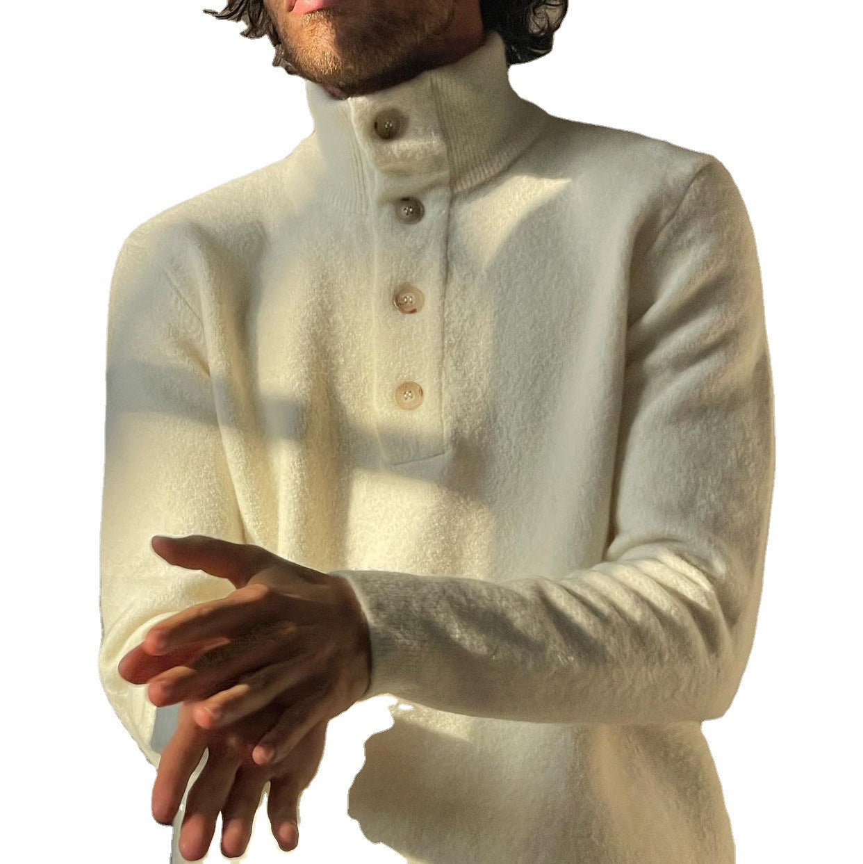 Men's White Slim-fit Stand-up Collar Sweater Pullover Plush Jacket