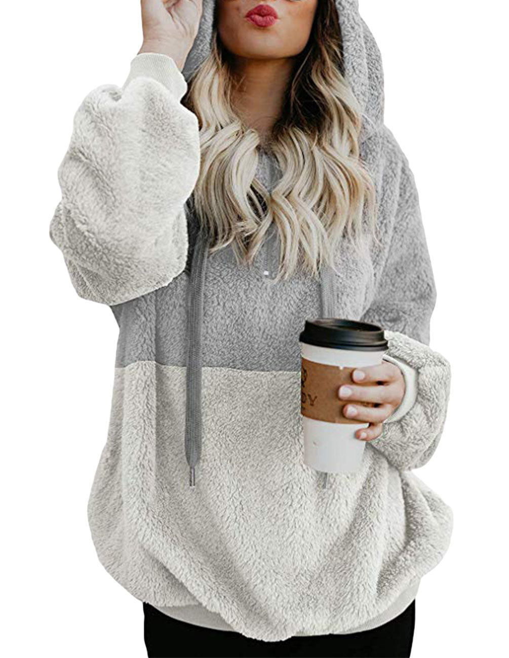 Alpscommerce Women Casual Plush Hoodies Zipper Lady Hooded Warm Loose Tops