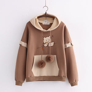 Hooded Bear Embroidery Plus Velvet Sweater Loose And Thin Coat Women