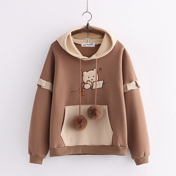 Hooded Bear Embroidery Plus Velvet Sweater Loose And Thin Coat Women