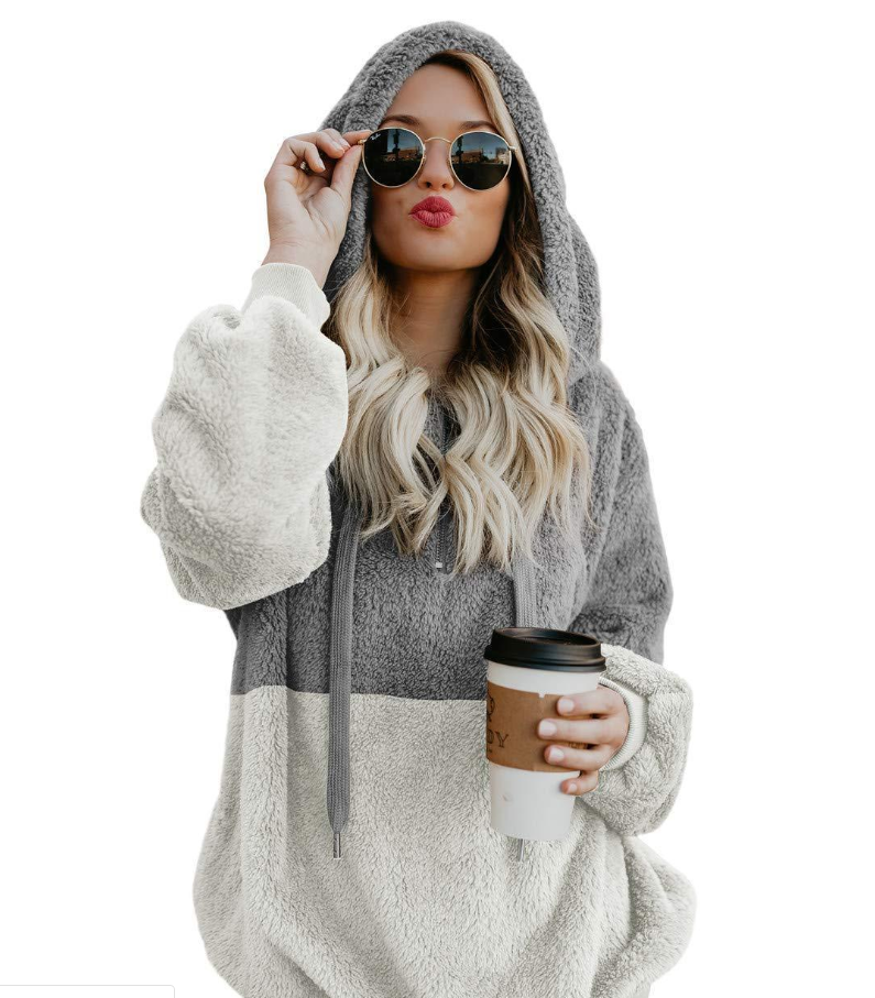 Alpscommerce Women Casual Plush Hoodies Zipper Lady Hooded Warm Loose Tops