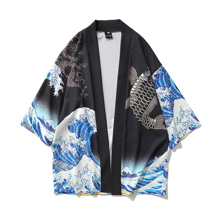 Japanese ukiyo-e painted robe wave squid print kimono men and women loose seven-point sleeve shirt thin section