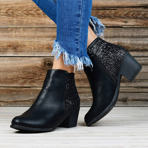 New Thick Heel High Heel Sequin Square Toe Side Zip Booties