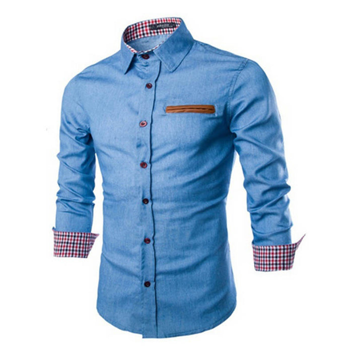 Pocket leather long sleeve denim shirt