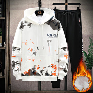 Printed Kangaroo Pocket Casual Sports Hooded Sweater Suit Men